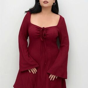 Cider Burgundy Square-Neck Tie-Front Long Sleeve Dress